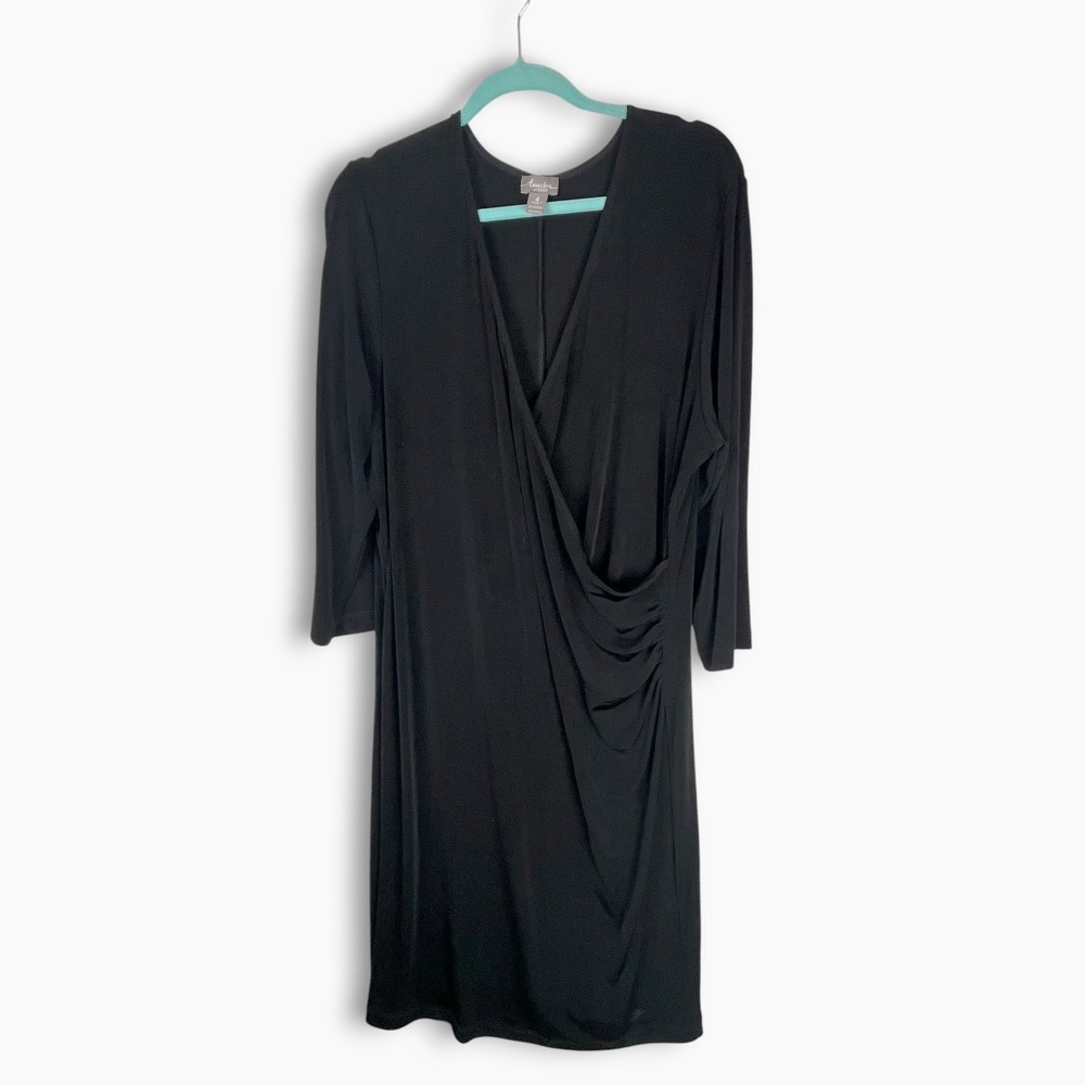 Travelers by Chicos Black Faux Wrap Dress Surplice V-Neck 3/4 Sleeve Sz 4 XXL 20